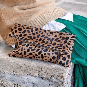 Clare V leopard hair fold over clutch